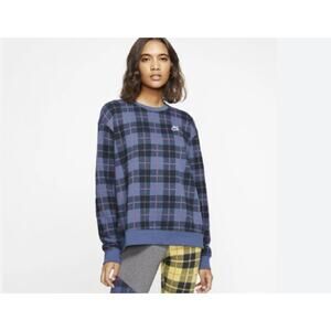 Nike Sportswear Blue Plaid Cotton Crewneck Sweatshirt Size Small